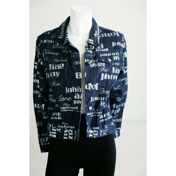 Vintage Johnny Blaze Flame Dark Denim All Over Print Women's Jacket M - Picture 3 of 12